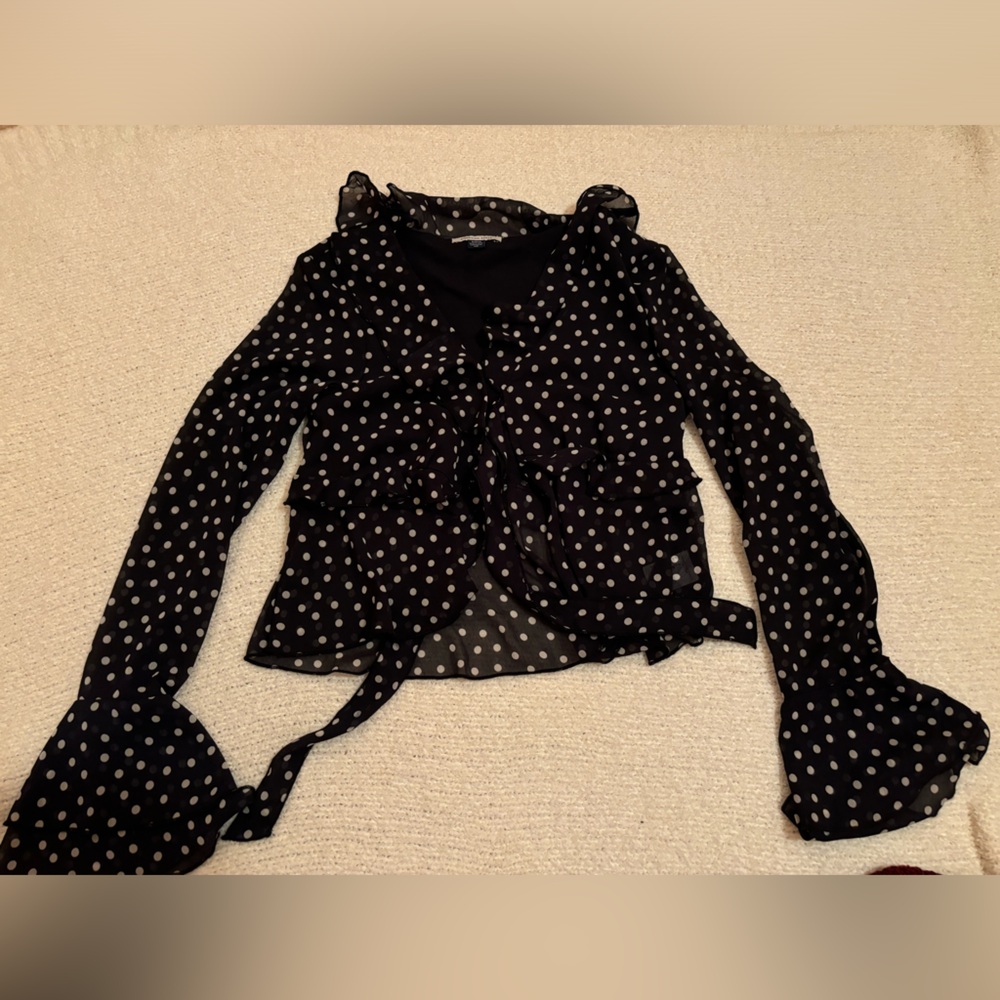 American Eagle Outfitters Black Sheer Blouse with White Dots
